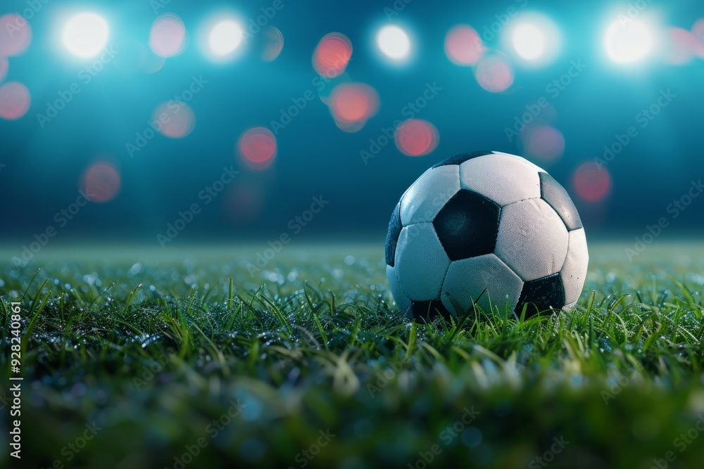 Fototapeta premium Soccer ball on a field under stadium lights. Nighttime sports scene. Capturing the essence of football. High-quality image for sports promotions and events. Generative AI