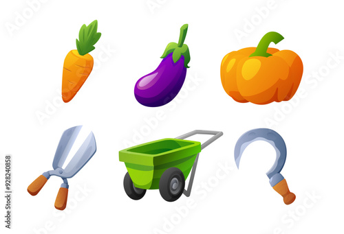 Garden tools and vegetables set for farm game, flat vector illustration isolated.