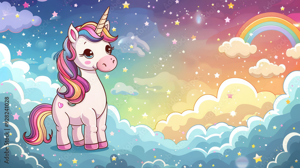 Naklejka premium simple cartoon happy unicorn walking around clouds, stars and rainbow with many colors kids style