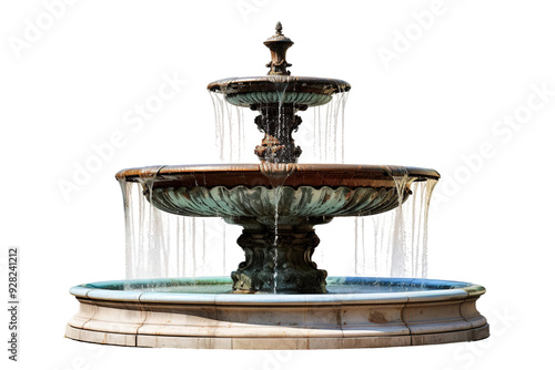 A Two-Tiered Stone Fountain Cascading Water in the Summer Sun on a White or Clear Surface PNG Transparent Background.