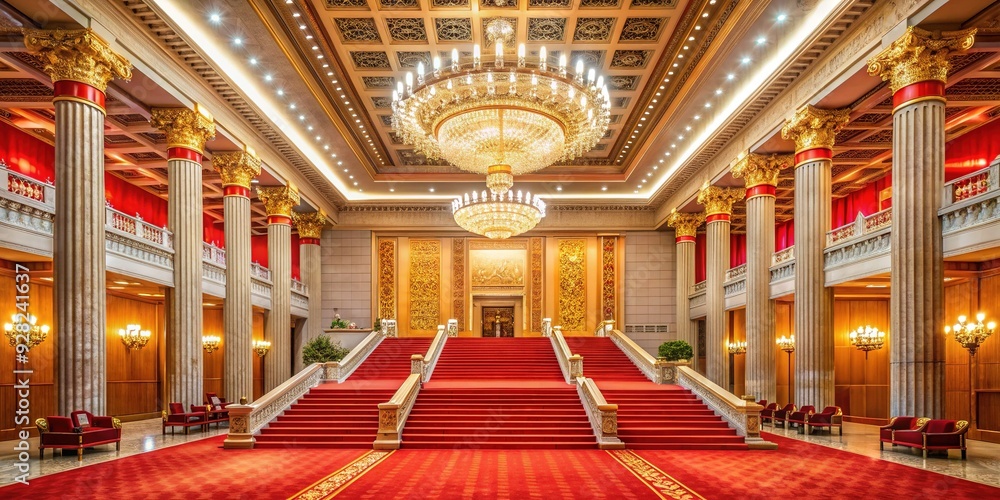 Obraz premium Majestic Great Hall of the People in Beijing, China, with grand staircase, ornate chandeliers, and red pillars, exuding opulence and national pride.