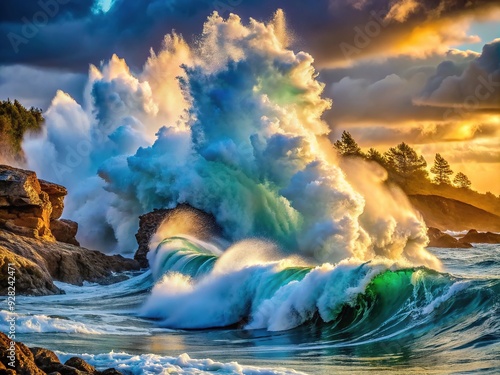 Majestic wave crashes against rocky coastline, releasing foamy spray as the powerful ocean showcases its unbridled energy and natural beauty in a dramatic display. photo