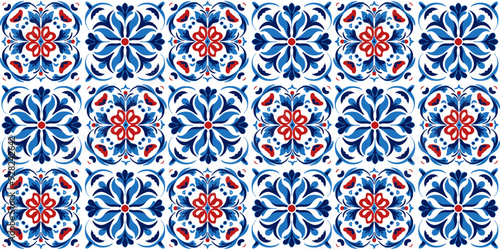
traditional blue and red Turkish tiles, seamless pattern