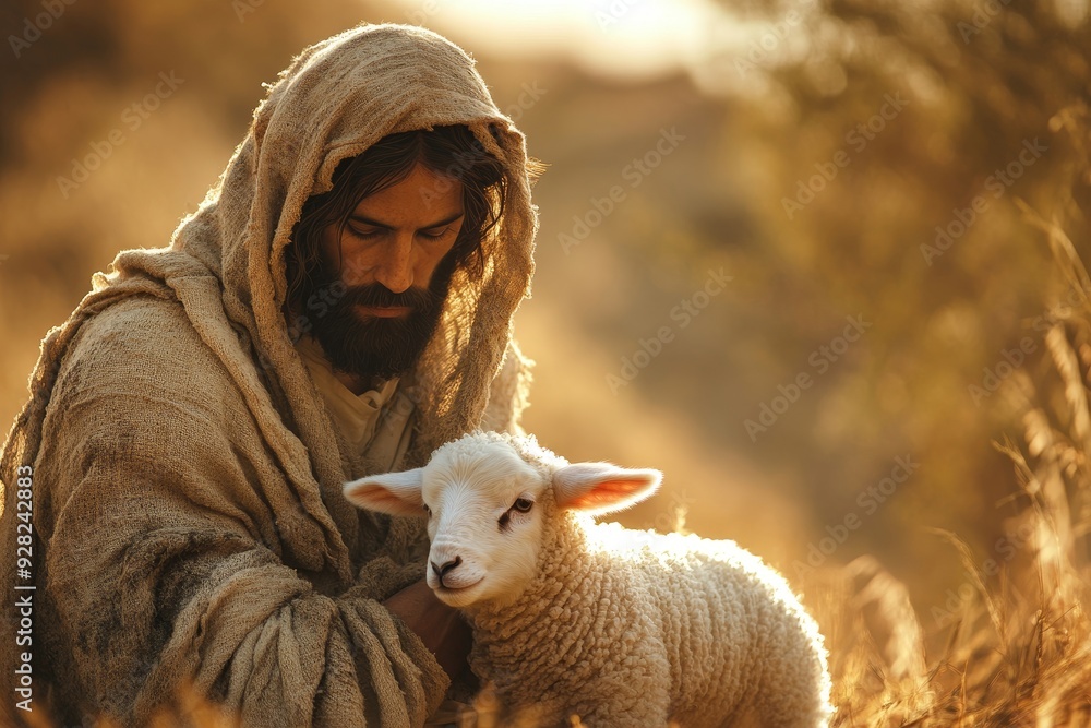 Shepherd Jesus Christ Taking Care of One Missing Lamb. Warm Toned Soft Picture, Generative AI Shepherd Jesus Christ Taking Care of One Missing Lamb. Warm Toned Soft Picture, Generative AI