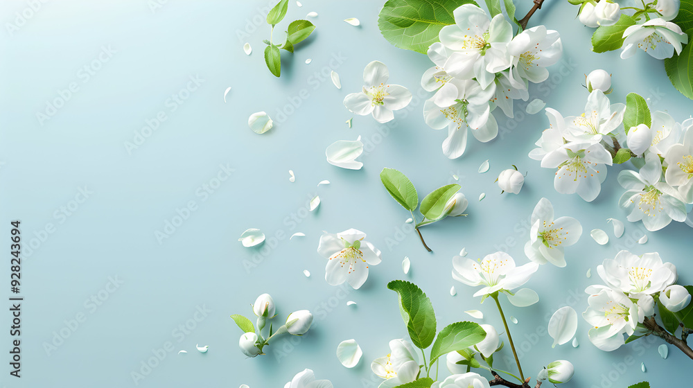 Obraz premium Delicate white apple blossoms with green leaves on a light blue background.