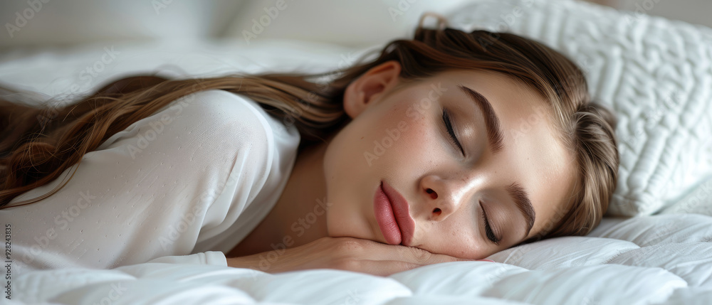 Close-up of beautiful woman's face sleeping soundly on white pillow and white mattress against neutral sunlight background in the morning Close-up of beautiful woman's face sleeping soundly on white pillow and white mattress against neutral sunlight background in the morning