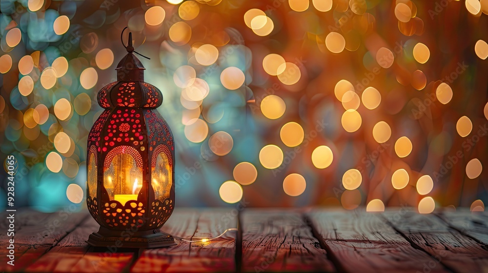 Ornate Lantern with Warm Glow Against Bokeh Lights Ornate Lantern with Warm Glow Against Bokeh Lights