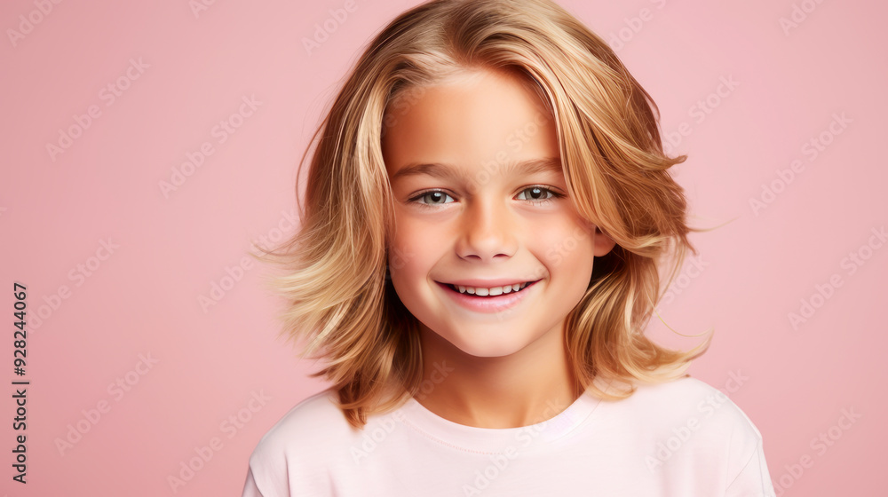 Portrait of a beautiful, happy smiling blond boy with long hair and perfect skin, pink background, banner. Portrait of a beautiful, happy smiling blond boy with long hair and perfect skin, pink background, banner.