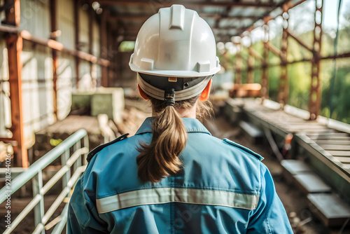 Female worker in blue uniform and white hat has back in construction site photo