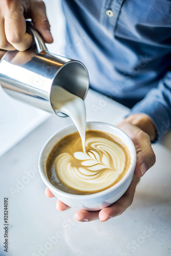 A barista carefully pouring milk to create latte art in a coffee cup photo