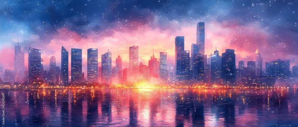 Obraz premium A breathtaking skyline at sunset, reflecting vibrant colors across the water, showcasing modern architecture and urban beauty.