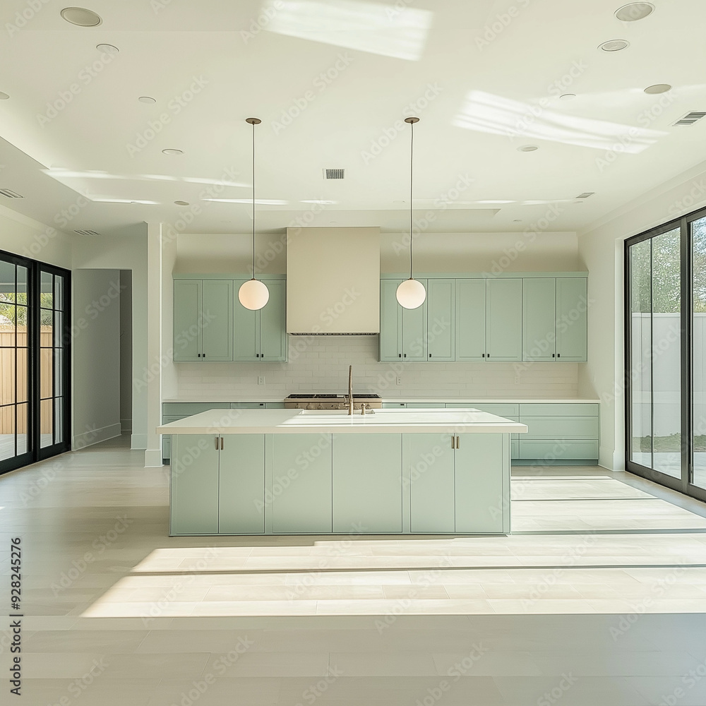 Fototapeta premium An empty kitchen with pastel mint green cabinets, white countertops