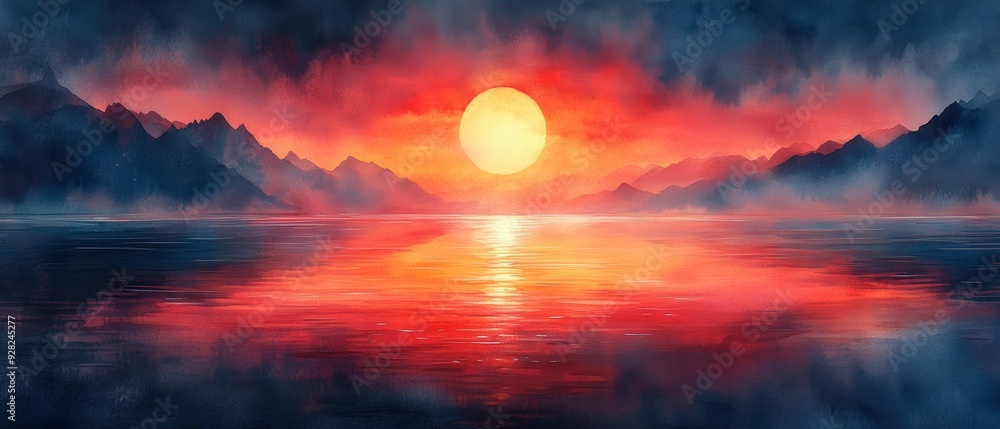 Fototapeta premium A breathtaking sunset over tranquil water, with vibrant colors reflecting in the lake, surrounded by misty mountains.