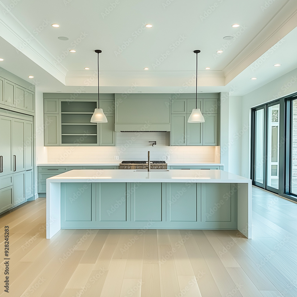 Fototapeta premium An empty kitchen with pastel mint green cabinets, white countertops