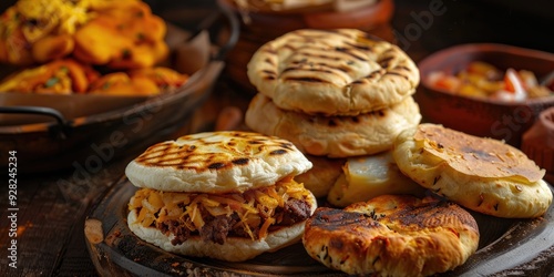 Typical Venezuelan gastronomy showcasing arepas tostones cachapas and empanadas on a table photo