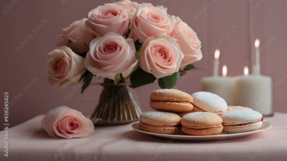 Cream cakes eclair Macaroon Roses feathers pink table cloths still life Cream cakes eclair Macaroon Roses feathers pink table cloths still life