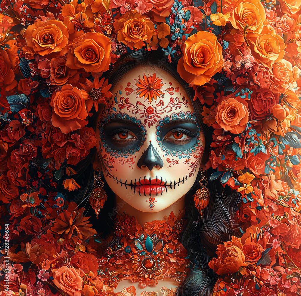 Vibrant Day of the Dead Sugar Skull Makeup with Orange Floral Headdress Vibrant Day of the Dead Sugar Skull Makeup with Orange Floral Headdress
