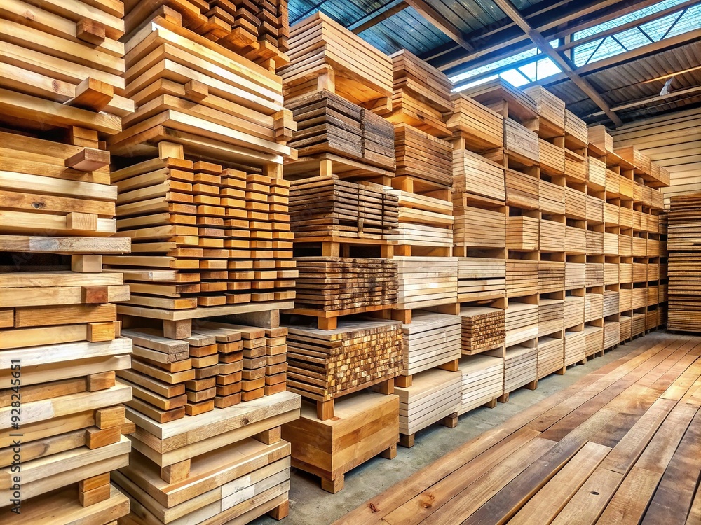 Neatly stacked horizontal layers of freshly cut lumber planks in various sizes and wood tones, creating a rustic and organized wooden pallet display.