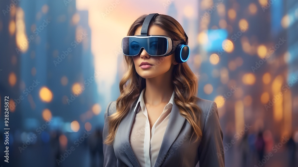 Beautiful young European businesswoman on a hazy bokeh metropolitan background, wearing VR glasses. Concepts of virtual reality and metaverse. double vulnerability Beautiful young European businesswoman on a hazy bokeh metropolitan background, wearing VR glasses. Concepts of virtual reality and metaverse. double vulnerability
