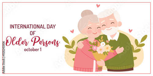 Happy grandparents isolated on white background with hearts. International day of older persons concept for poster, greeting cards etc. Cute flat style 