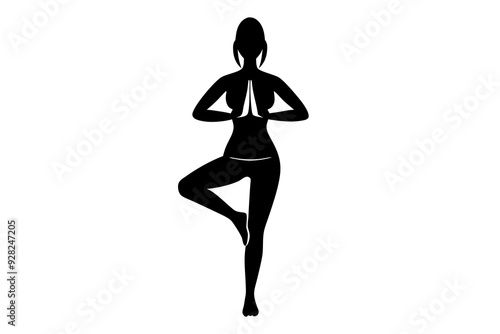 Silhouette of Woman in Tree Pose, Yoga Balance Illustration, Graceful Standing Pose Vector Art