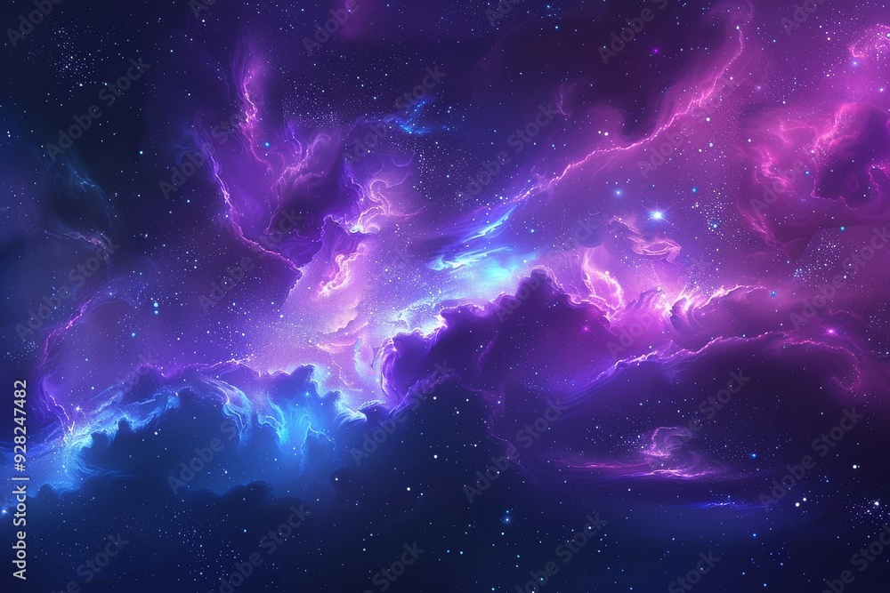 Obraz premium Colorful Galaxy Nebula Background in Purple and Blue with Stars and Smoke, Cartoon Style Watercolor Vector Design