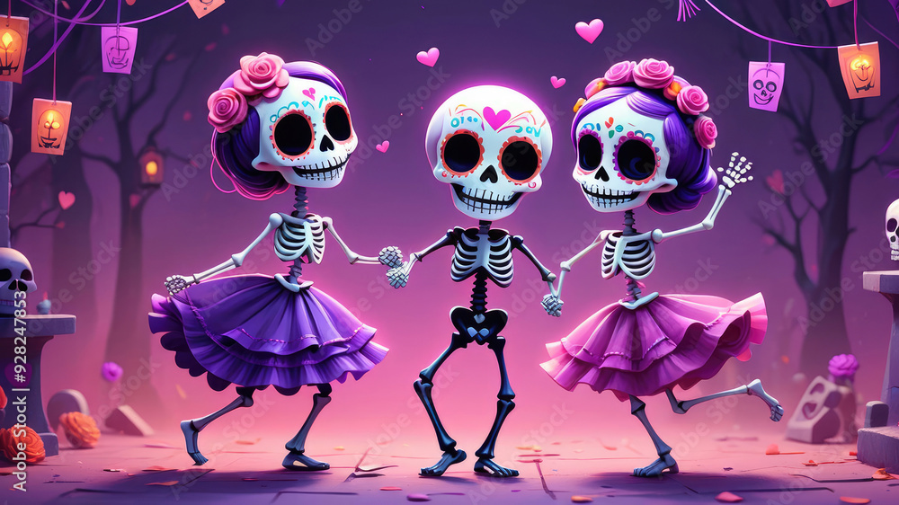 Dia de los Muertos party: adorable cute skeletons happily dancing in love, a poster for the day of the dead in modern abstract style. Dia de los Muertos party: adorable cute skeletons happily dancing in love, a poster for the day of the dead in modern abstract style.