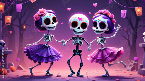 Dia de los Muertos party: adorable cute skeletons happily dancing in love, a poster for the day of the dead in modern abstract style.