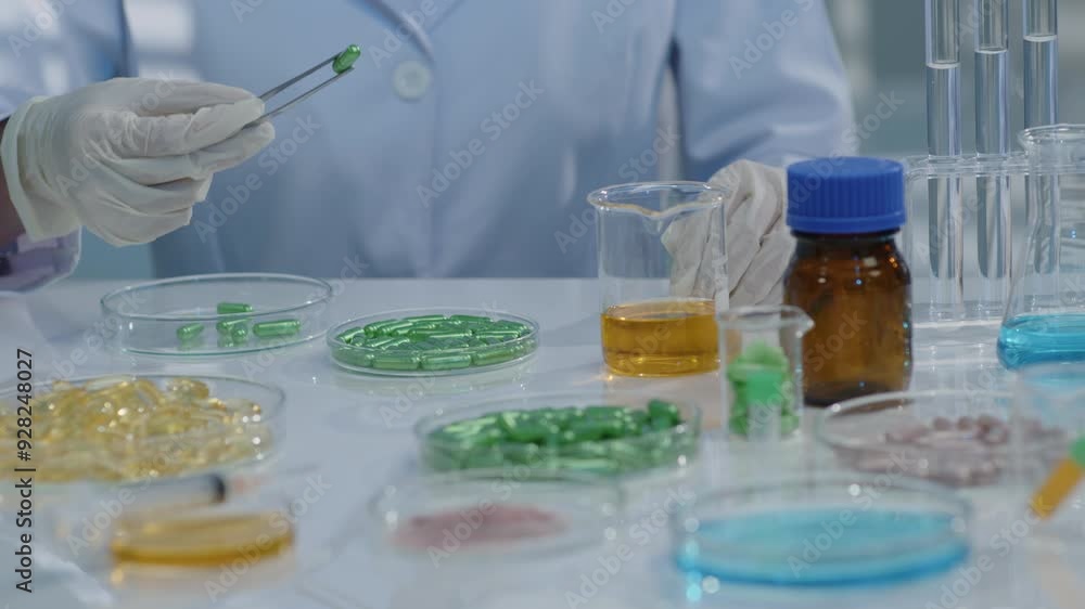 In a laboratory setting, a scientist is observed green capsules before moved it between petri dishes, scattered with drug samples and laboratory equipment. In a laboratory setting, a scientist is observed green capsules before moved it between petri dishes, scattered with drug samples and laboratory equipment.