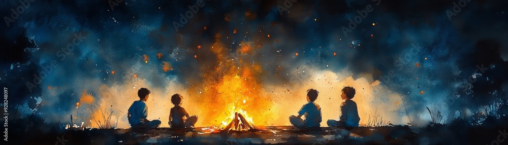 A group of children sitting around a campfire, sharing stories under a starry sky, capturing warmth and friendship. A group of children sitting around a campfire, sharing stories under a starry sky, capturing warmth and friendship.