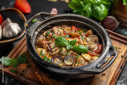 Asian Clam Bake in Black Pot on Wooden Tray with Garlic White Wine Butter Sauce photo