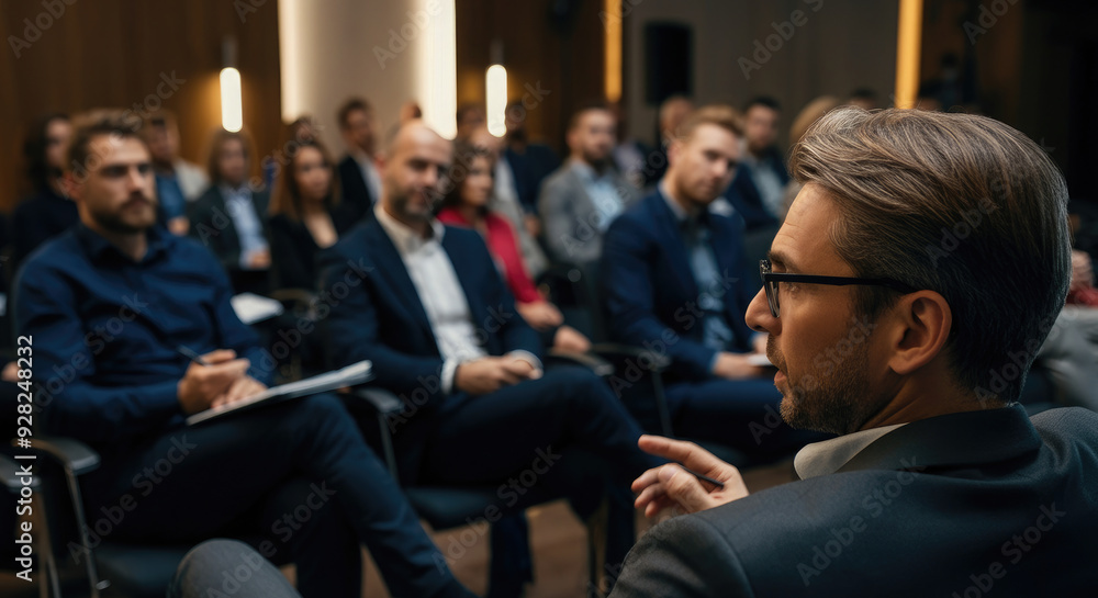 Obraz premium Speaker at business conference, audience, or presentation hall.