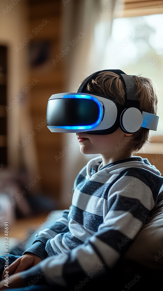 Boy Wearing VR Headset and Immersed in Virtual Reality. Boy Wearing VR Headset and Immersed in Virtual Reality.
