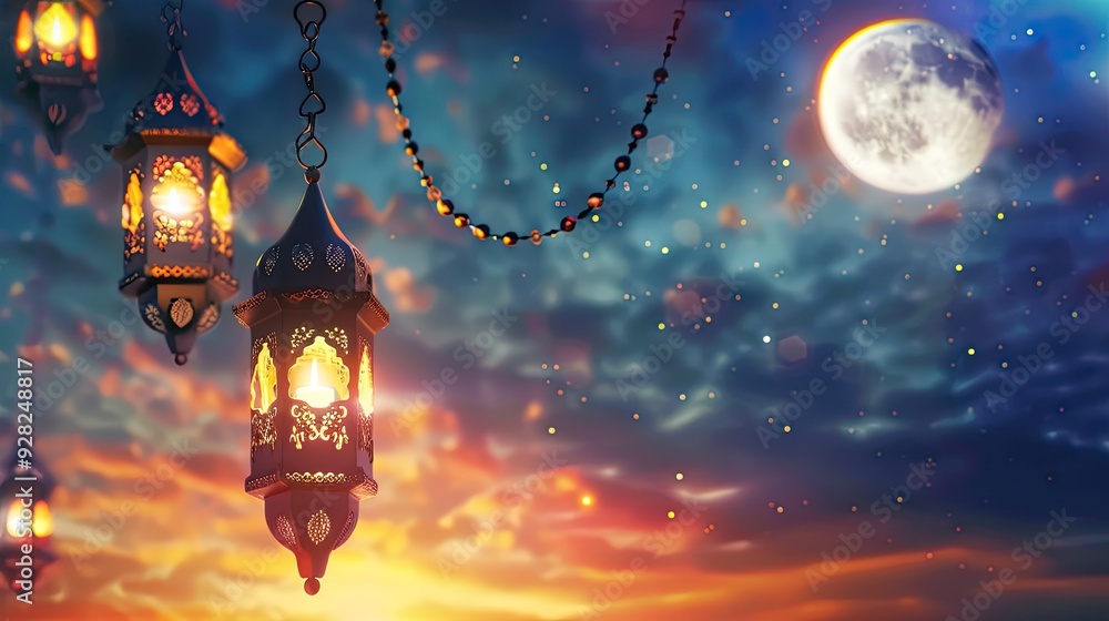 Ornamental Lanterns Under a Full Moon