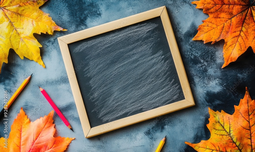 Obraz premium Empty board on a countertop, surrounded by school-themed decorations