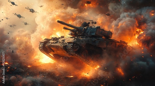 A tank surrounded by enemy drones in a futuristic war zone, with the tanks anti-aircraft guns firing at the swarming machines.