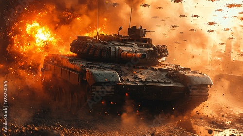 A tank surrounded by enemy drones in a futuristic war zone, with the tanks anti-aircraft guns firing at the swarming machines.