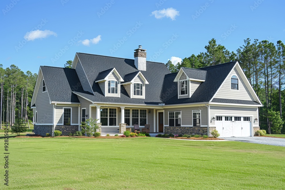 Charming Light Gray Home with Two-Car Garage in North Carolina, Featuring Stone Chimney, Large Yard, and Pine Trees under Blue Sky Charming Light Gray Home with Two-Car Garage in North Carolina, Featuring Stone Chimney, Large Yard, and Pine Trees under Blue Sky
