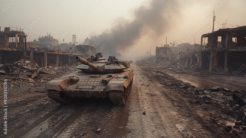 A tank navigating through a destroyed village, with smoke rising from charred buildings and rubble scattered across the road. A tank navigating through a destroyed village, with smoke rising from charred buildings and rubble scattered across the road.