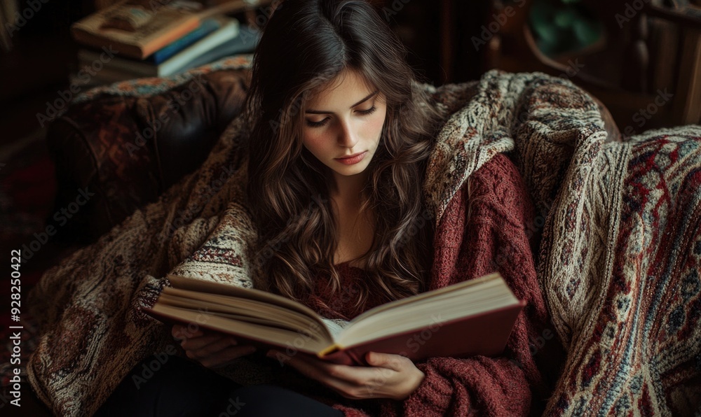 Girl reading a storybook, cozy blanket draped over her shoulders Girl reading a storybook, cozy blanket draped over her shoulders