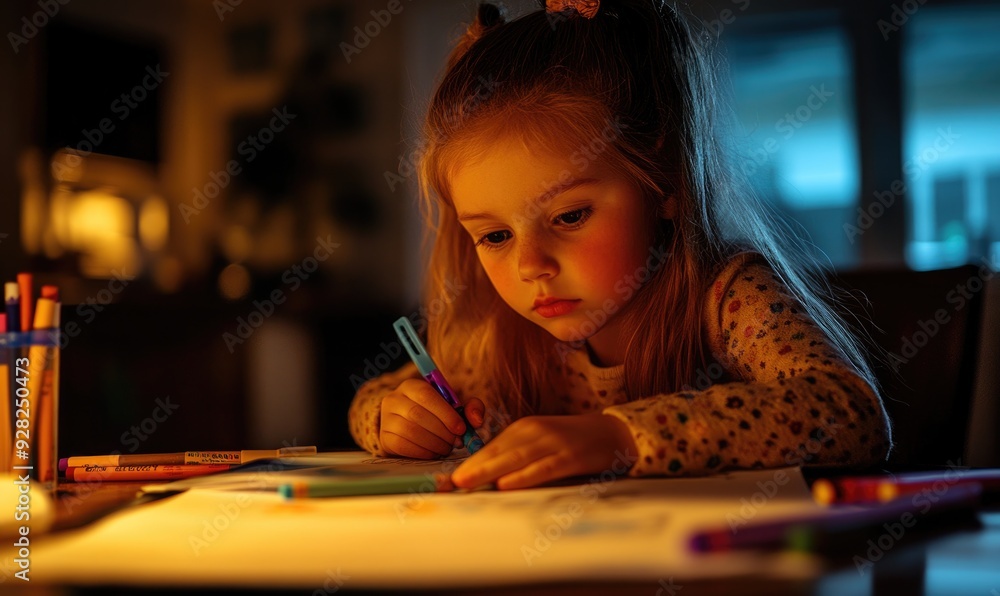 Little girl doing homework with crayons and markers Little girl doing homework with crayons and markers