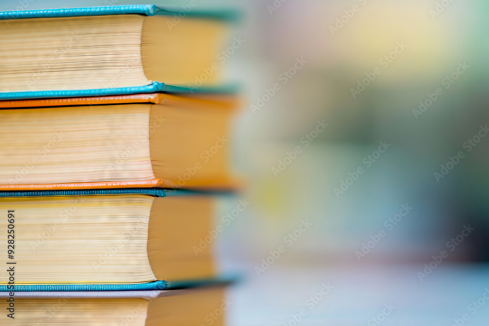 A stack of books on a table with copy space for text against a blurred background, concept of education and reading, banner design template A stack of books on a table with copy space for text against a blurred background, concept of education and reading, banner design template