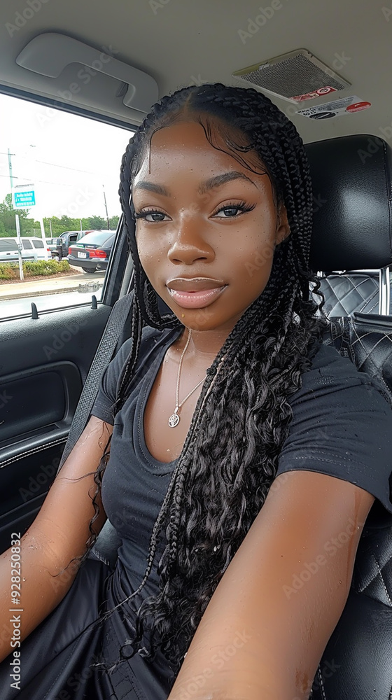 Confident Young Woman with Braided Hair Sitting in Car Taking Selfie Confident Young Woman with Braided Hair Sitting in Car Taking Selfie