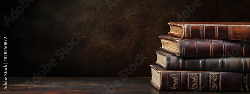 A stack of antique books on a dark background with copy space, banner design. A classic book covers