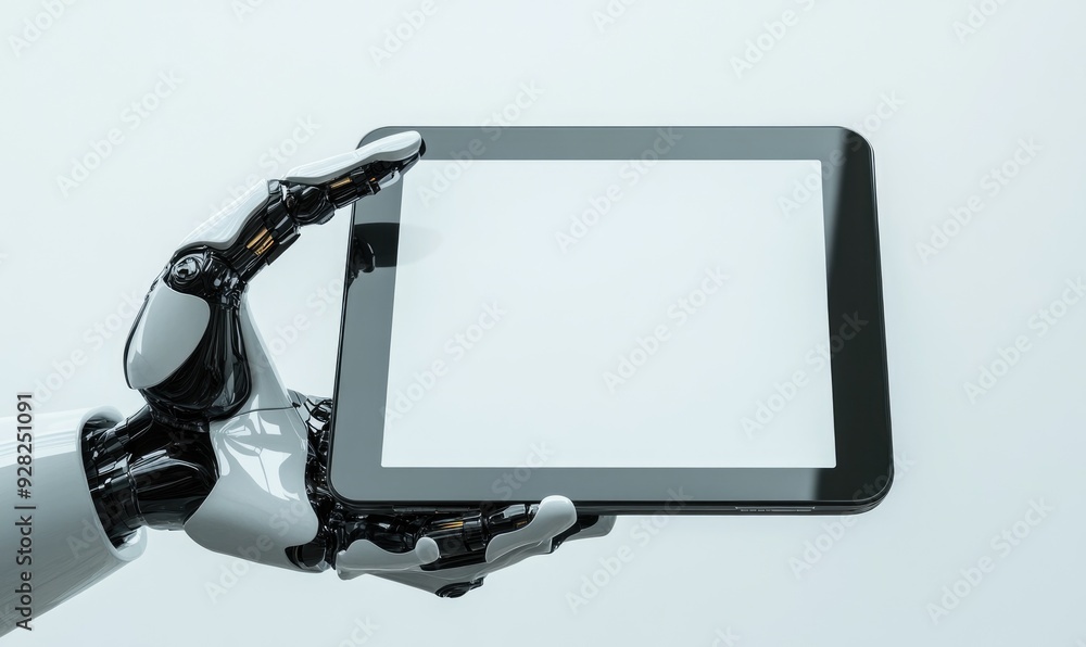 Robotic hand holding a tablet, blank screen Robotic hand holding a tablet, blank screen