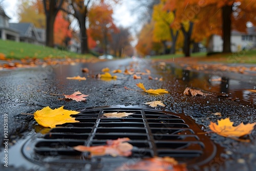 Autumn Leaves on Wet Street with Storm Drain, Fall Season Rainy Day Cityscape photo