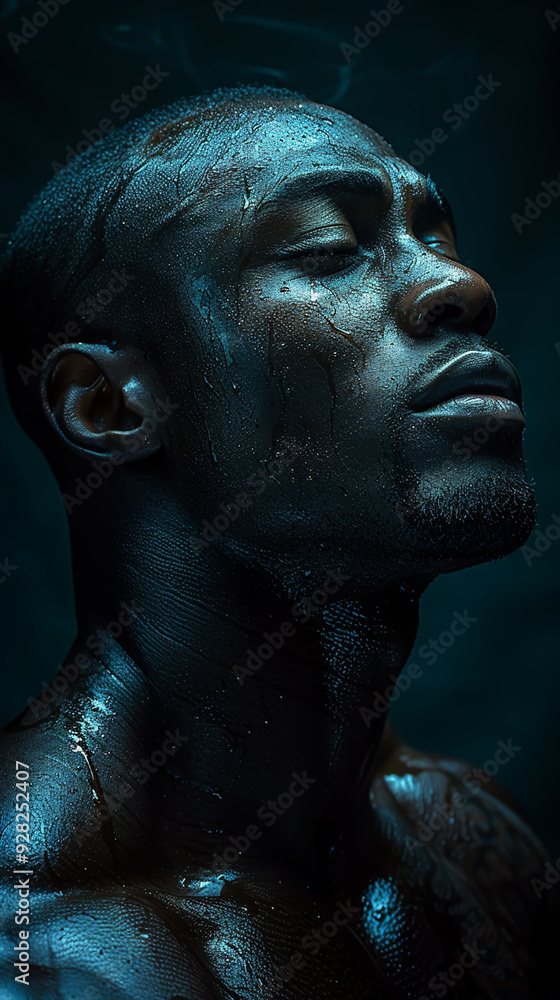 Wet Glowing Skin, Close-Up Portrait of Man Under Blue Light Wet Glowing Skin, Close-Up Portrait of Man Under Blue Light