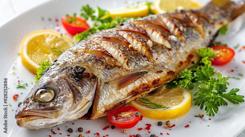 Piece of roasted salmon with tomatoes and herbs on white plate. Piece of roasted salmon with tomatoes and herbs on white plate.