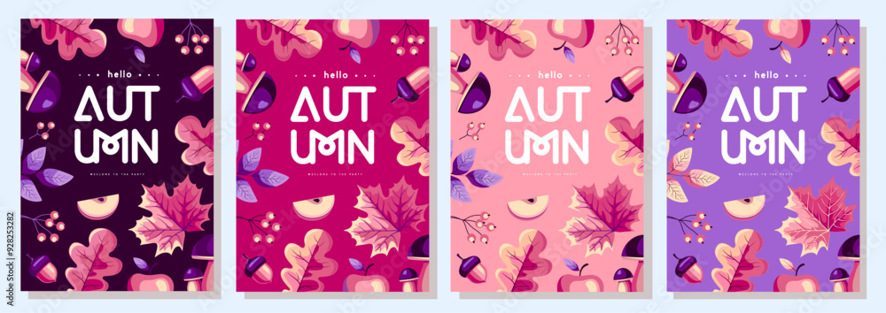Naklejka premium Set of retro flat autumn party posters with autumn floral attributes. Seasonal sale poster. Vector illustration