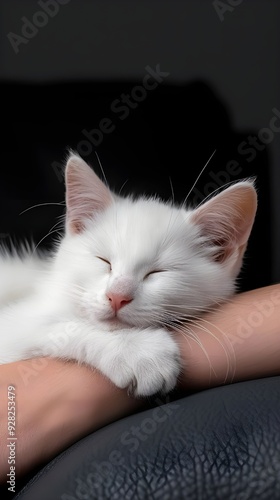 A white cat resting on a leg, embodying comfycore and solarpunk aesthetics, captured handheld with an M42 mount, featuring a genderless and supple mass, representative of petcore. photo